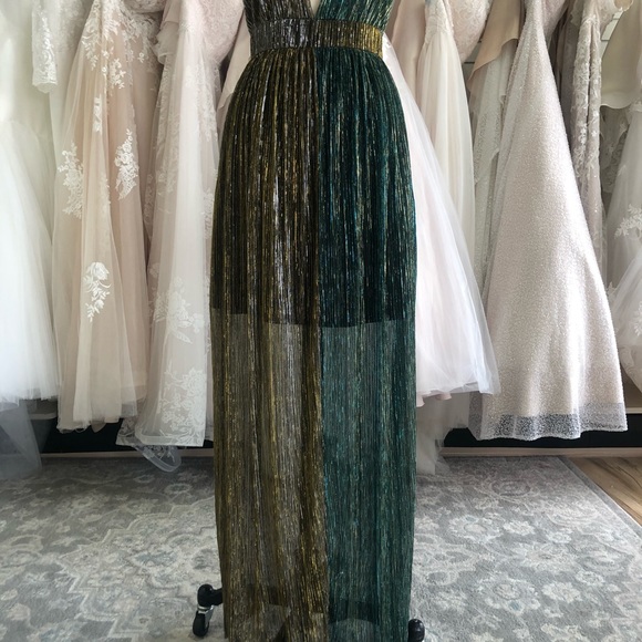 Metallic Turquoise and Gold Plunging Neckline Gown - Picture 5 of 8